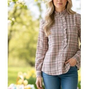 Market & Spruce L Easter Plaid Ruffle Flannel Shirt Long Sleeve Relaxed Flawless